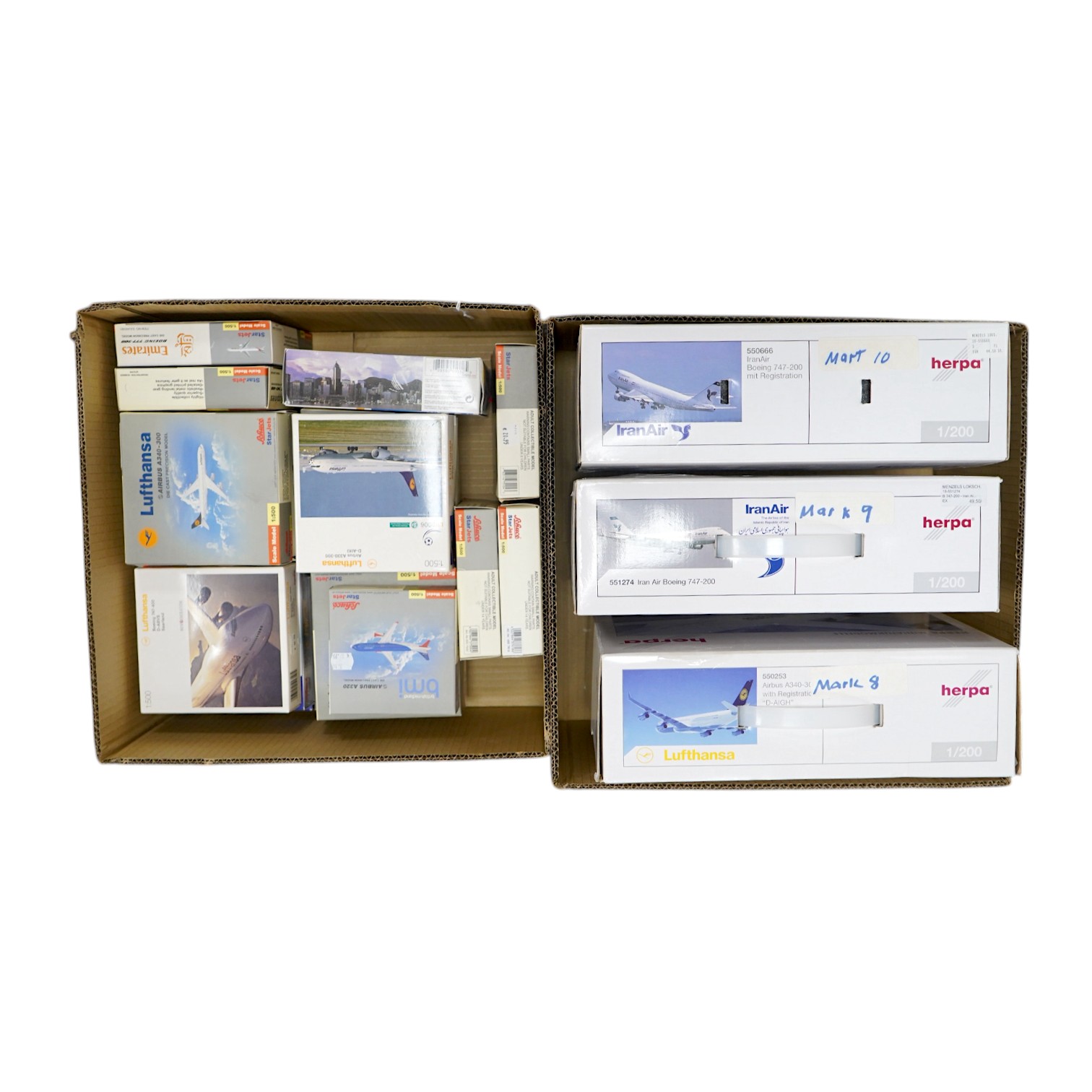 Forty-four boxed models of modern passenger aircraft by Gemini Jets, Airfix, Sky Marks, etc. in a variety of scales including 1:400, 1:200, etc. operators include British Airways, Vietnam Airlines, Virgin Atlantic, etc.